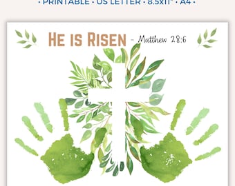 Easter Handprint Art Craft for Kids, Easter Printable He is Risen Keepsake Art, Baby Toddler Preschool Kindergarten, Sunday School Bible D