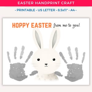 Arte de huellas de manos de Pascua alegre, manualidad imprimible para niños, recuerdo para niños pequeños, actividades divertidas de Pascua, arte de huellas de manos de conejito, guardería preescolar C