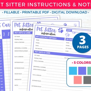 Pet Sitter Instructions for Pet Sitter Notes, Pet Sitter Form, Pet Sitter Planner, Pet Care Planner Printable, Pet Sitter Templates and Pet Sitting