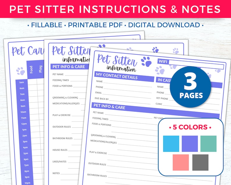 Pet Sitter Instructions for Pet Sitter Notes, Pet Sitter Form, Pet Sitter Planner, Pet Care Planner Printable, Pet Sitter Templates and Pet Sitting