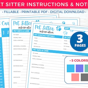 Pet Sitter Instructions for Pet Sitter Notes, Pet Sitter Form, Pet Sitter Planner, Pet Care Planner Printable, Pet Sitter Templates and Pet Sitting