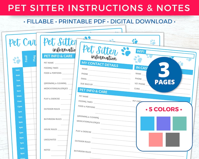 Pet Sitter Instructions for Pet Sitter Notes, Pet Sitter Form, Pet Sitter Planner, Pet Care Planner Printable, Pet Sitter Templates and Pet Sitting