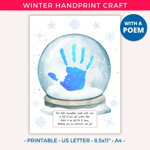 Snowglobe Winter Handprint Art, Winter Handprint Craft Printable for Kids Toddlers, Christmas Handprint, Preschool Daycare Activity Gift