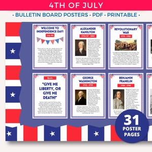 4th of July Posters, Printable Bulletin Board Posters, Educational Independence Day History, Patriotic Classroom Decor July Fourth Door Sign