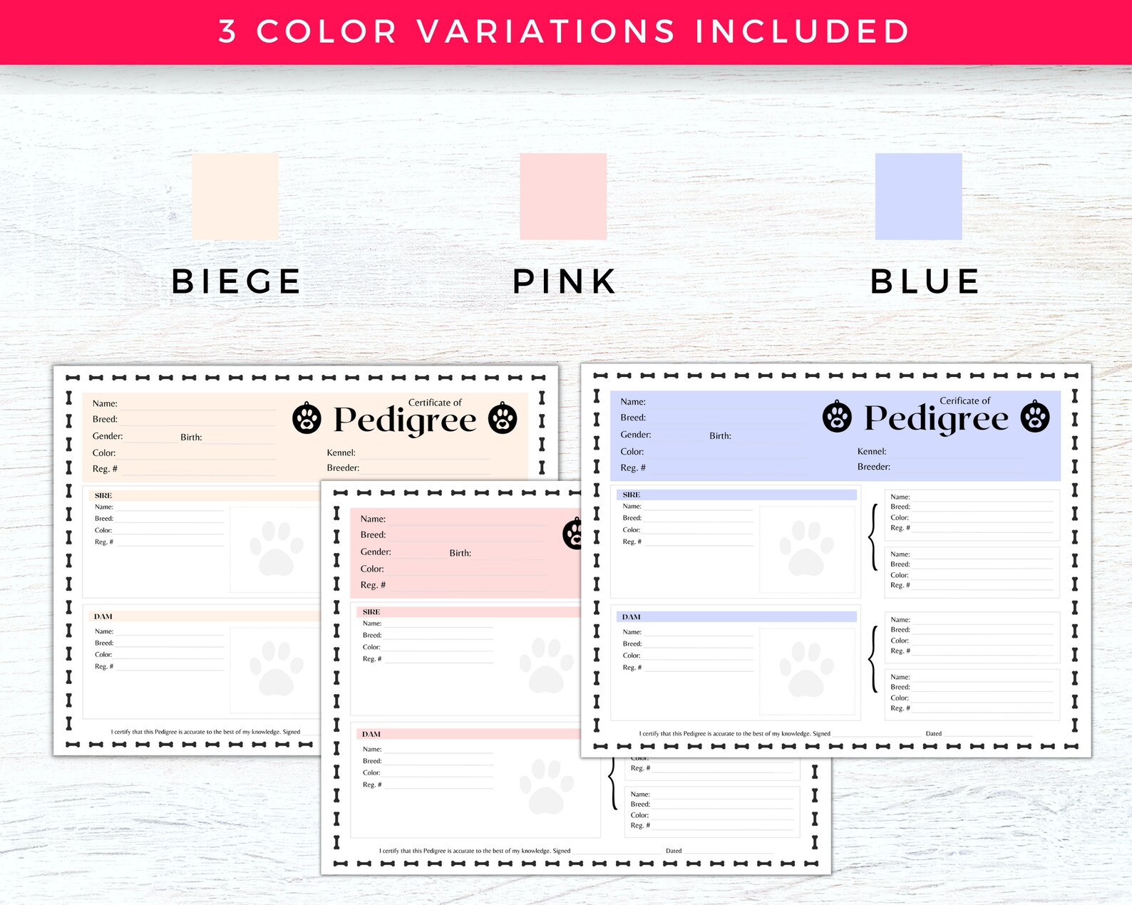 Puppy Pedigree Chart Dog Pedigree Template Certificate Dog Etsy