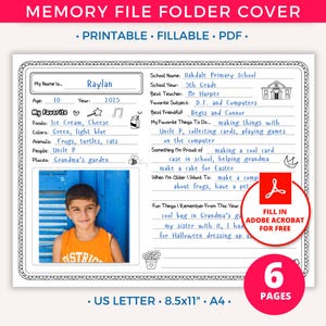 May include: A printable memory file folder cover for a child. The cover features a photo of a boy, a schoolhouse illustration, and a space to fill in personal information like name, age, favorite things, and school details. The text "FILL IN ADOBE ACROBAT FOR FREE" is also included.