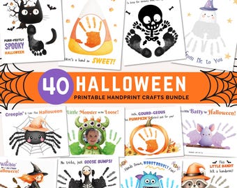 Könnte beinhalten: Eine Sammlung von 40 druckbaren Handabdruck-Bastelvorlagen zum Thema Halloween. Die Bilder zeigen verschiedene gruselige Charaktere und Designs, darunter eine schwarze Katze, ein Skelett und eine Hexe. Text enthält "Trick or Treat".