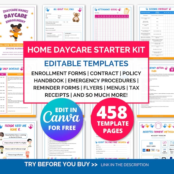 Daycare Starter Kit, Daycare Forms, Daycare Contract Template, Childcare Forms, Home Daycare Forms, Enrollment Paperwork Policies Preschool