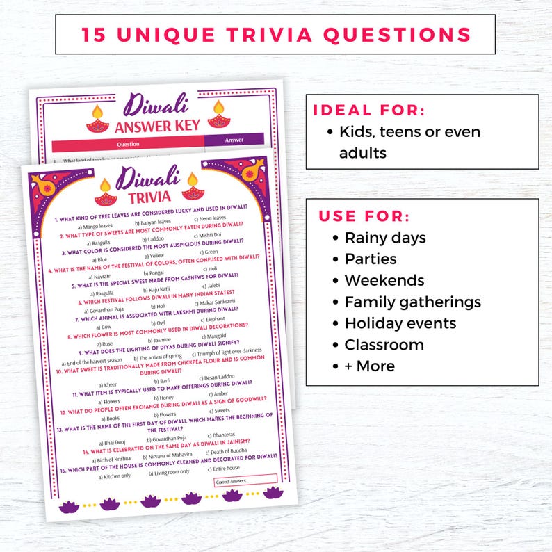 Diwali Trivia Game Printable, Diwali Party Games for Kids Adults, Fun