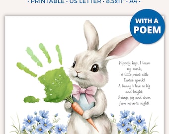 May include: Printable Easter craft with a bunny holding a carrot and an egg. A green handprint is on the left side of the image. The poem reads: "Hippity hop, I leave my mark, A little print with Easter spark! A bunny's love so big and bright, Brings joy and cheer from morn to night!"