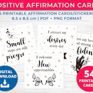 54 afdrukbare bevestigingskaarten, digitale planner-stickers, positieve zelfliefde en zorgcadeaus voor vrouwen, mindfulness + geestelijk gezondheidsdagboek