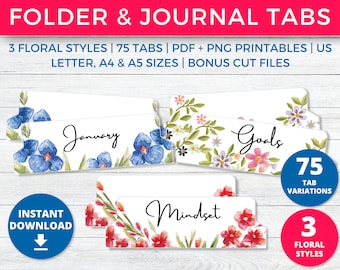 Floral Printable Planner Tabs, Folder & Journal Tabs | File Binder Dividers, DIY Planner Accessories, Daily + Monthly Tabs A4 A5 US Letter