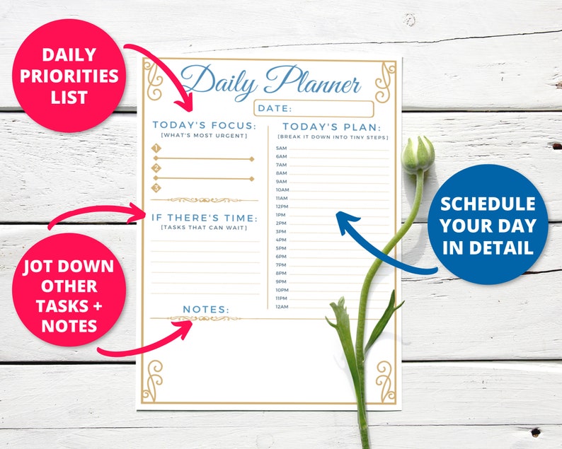 Printable Daily Planner, Daily Schedule & To-Do List,  Daily Goal Planner Organizer, Simple Productivity Planner