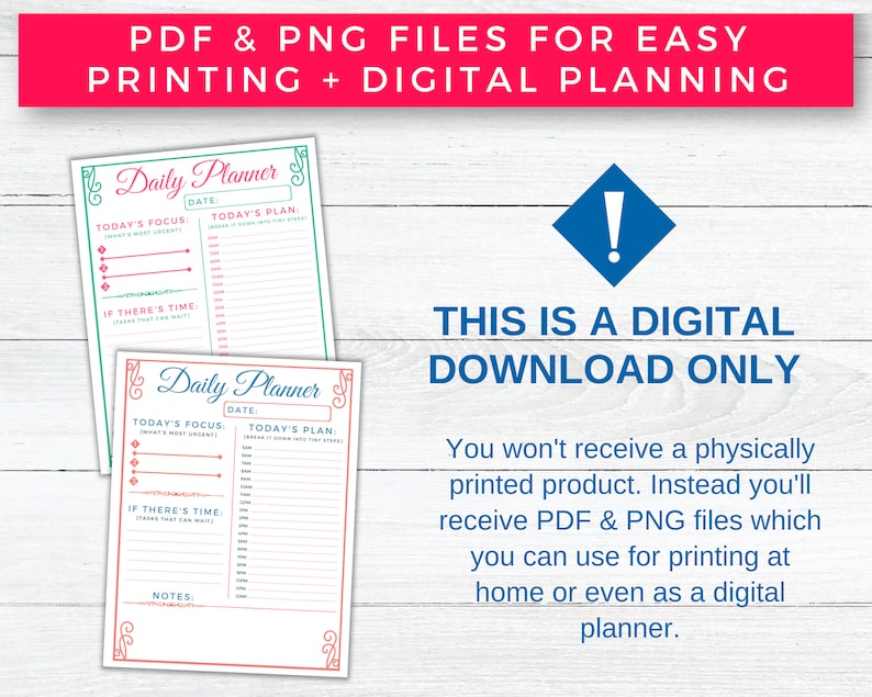 Printable Daily Planner, Daily Schedule & To-Do List,  Daily Goal Planner Organizer, Simple Productivity Planner