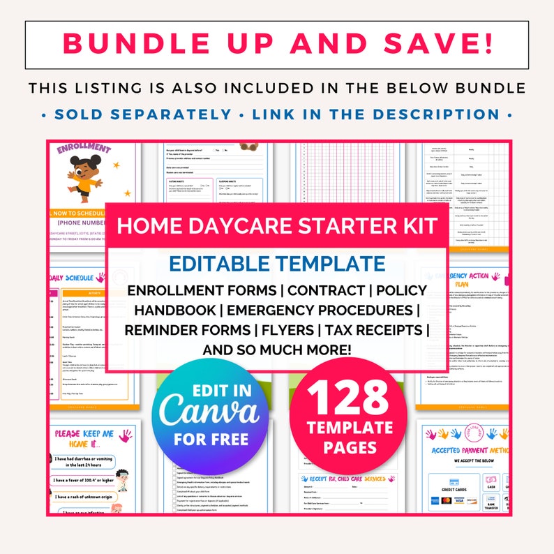 Puede incluir: Un collage digital colorido que promociona un kit de inicio para guarder&iacute;a en casa con 128 plantillas editables. El kit incluye formularios de inscripci&oacute;n, contratos, pol&iacute;ticas, manuales, procedimientos de emergencia, formularios de recordatorio, folletos, recibos de impuestos y mucho m&aacute;s. El texto "Editar en Canva gratis" aparece en el collage.
