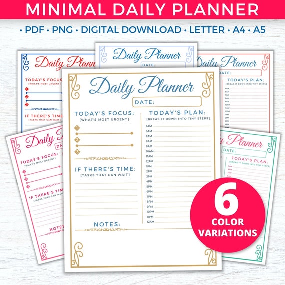 Printable Daily Planner, Daily Schedule & To-Do List,  Daily Goal Planner Organizer, Simple Productivity Planner, A4 A5 US Letter Sizes