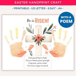 Easter Handprint Art Craft for Kids, Easter Printable He is Risen Keepsake Art, Baby Toddler Preschool Kindergarten, Sunday School Bible D