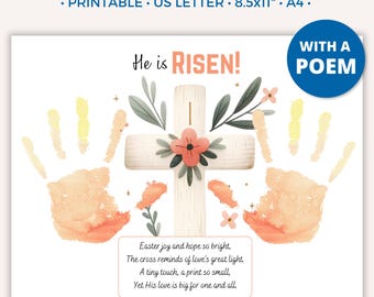 Easter Handprint Art Craft for Kids, Easter Printable He is Risen Keepsake Art, Baby Toddler Preschool Kindergarten, Sunday School Bible D
