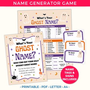 May include: A printable Halloween name generator game featuring two sheets with ghost illustrations, stars, and moons. The text reads What's Your Ghost Name? and includes tables for letters, numbers, and months, plus three small name tag cards.