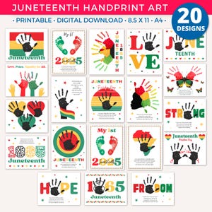 Pode incluir: Uma coleção de 20 designs de arte de impressão de mãos do Juneteenth. Cada design apresenta impressões de mãos em várias cores, com textos como "Love, Peace, Equality for All", "Freedom Day" e "1865 Juneteenth". Downloads digitais para impressão.