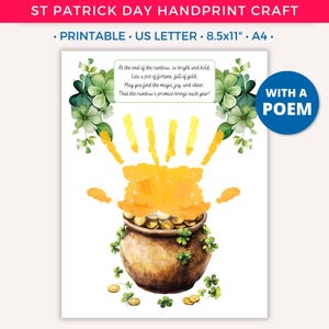 St Patricks Day Handprint Craft, Printable Handprint Art for Kids Toddler Baby, Preschool Daycare Activity Keepsake Gift, Pot of Gold B
