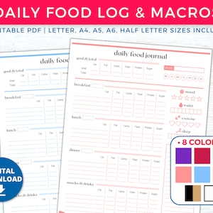 Daily Food Log Printable Planner, Macro Tracker Meal Planner, Daily Calorie Tracker, Food Diary, Diet Journal, Fitness Digital Planner