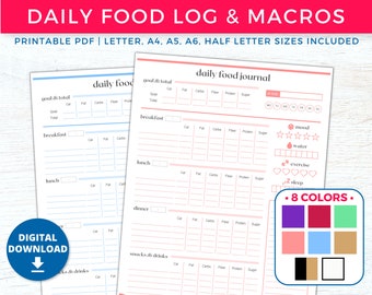 Daily Food Log Printable Planner, Macro Tracker Meal Planner, Daily Calorie Tracker, Food Diary, Diet Journal, Fitness Digital Planner