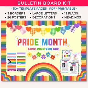 Pride Month Bulletin Board Kit Printables, LGBTQ+ History Month Posters, Pride History Classroom Decor, Rainbow Inclusive Poster Display A