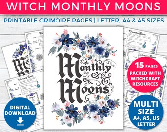 Witch Monthly Full Moon Magic Correspondences | Witchcraft Printable Grimoire Pages For Book of Shadows, Witchy Planner Journal (BW)