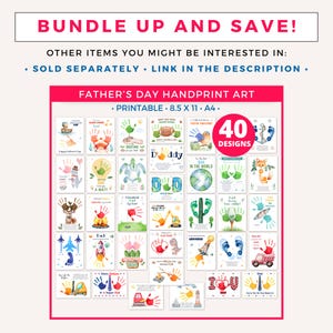 May include: A printable bundle of 40 Father's Day handprint art designs. The designs feature watercolor illustrations of a crab, rocket, fish, and earth. The text "You're the catch of my life Dad", "You're a claw-some Dad", "All about my Dad", "The Best Dad", "Dear Daddy", "Dad", and "To the best Dad in the universe" is included in the designs.