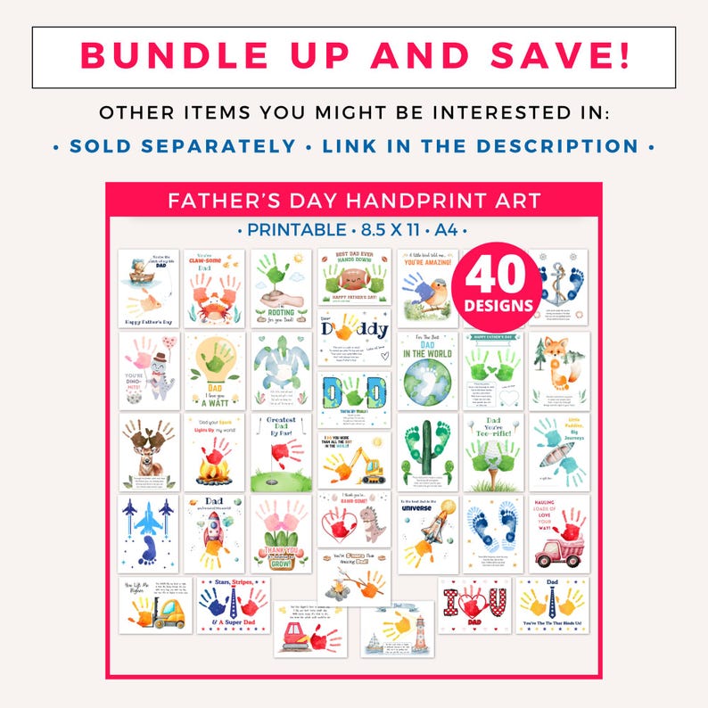 May include: A printable bundle of 40 Father's Day handprint art designs. The designs feature watercolor illustrations of a crab, rocket, fish, and earth. The text "You're the catch of my life Dad", "You're a claw-some Dad", "All about my Dad", "The Best Dad", "Dear Daddy", "Dad", and "To the best Dad in the universe" is included in the designs.