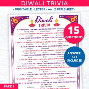 Juego de trivia de Diwali para imprimir, juegos de fiesta de Diwali para niños y adultos, divertido juego de Diwali, ideas de preguntas de trivia con actividades de juegos indios desi