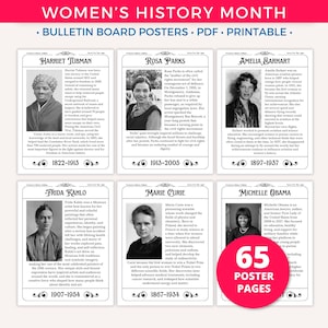 May include: A printable Women's History Month bulletin board poster set. Features portraits and biographies of Harriet Tubman, Rosa Parks, Amelia Earhart, Frida Kahlo, Marie Curie, and Michelle Obama. Includes 65 poster pages.