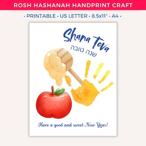 Afdrukbaar handwerk Rosj Hasjana, handafdruk Shana Tova, joods nieuwjaarscadeau van kinderen peuter baby, kinderdagverblijf voorschoolse activiteiten