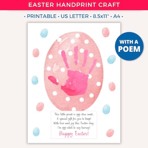 Arte con huellas de manos de Pascua, manualidad imprimible para niños, recuerdo para niños pequeños, actividades divertidas con huevos de Pascua, arte creativo con huellas de manos, manualidad de Pascua para niños