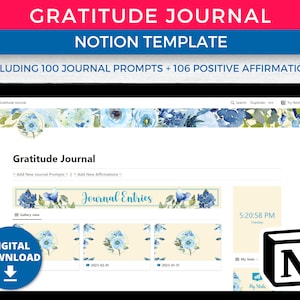 Digital Gratitude Journal for Notion Template, Personal Daily Gratitude Template Journal Prompts + Affirmations, Mental Wellness & Health