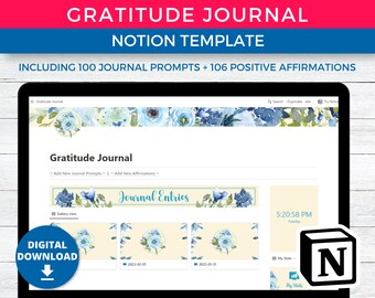 Digital Gratitude Journal for Notion Template, Personal Daily Gratitude Template Journal Prompts + Affirmations, Mental Wellness & Health