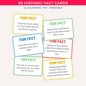 May include: A collection of six colorful Hispanic fact cards. Each card features a "FUN FACT" about a different country, including Cuba, Bolivia, Costa Rica, Argentina, Peru, and Paraguay. The cards are labeled "88 HISPANIC FACT CARDS" and are "PDF PRINTABLE."