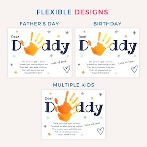 May include: Three cards with the text "Dear Daddy" and a handprint design. The cards are for Father's Day, a birthday, and multiple kids. Each card includes a heartfelt message and a heart symbol.