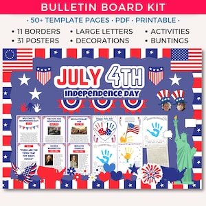 4th of July Bulletin Board, Patriotic Classroom Decor Kit: Independence Day History Posters, July Fourth Door Display, American USA Sign I