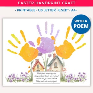 Arte de huellas de manos de Pascua, manualidad imprimible para niños, recuerdo para niños pequeños, actividades divertidas de Pascua, arte de huellas de manos con ramos de flores, preescolar C
