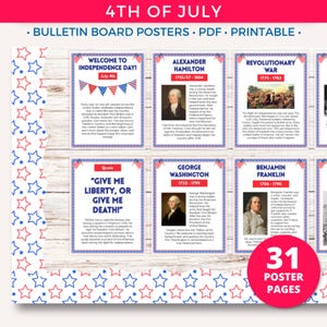 4th of July Posters, Printable Bulletin Board Posters, Educational Independence Day History, Patriotic Classroom Decor July Fourth Door Sign