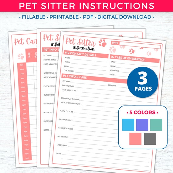 Pet Sitter Instructions, Pet Sitter Notes, Pet Sitter Form, Pet Sitter Planner, Pet Care Planner Printable, Pet Sitter Templates Pet Sitting
