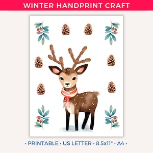 Christmas Handprint Craft, Christmas Handprint Art Printable for Toddler Kids Baby Winter Handprint Gift Preschool Daycare Activity Reindeer