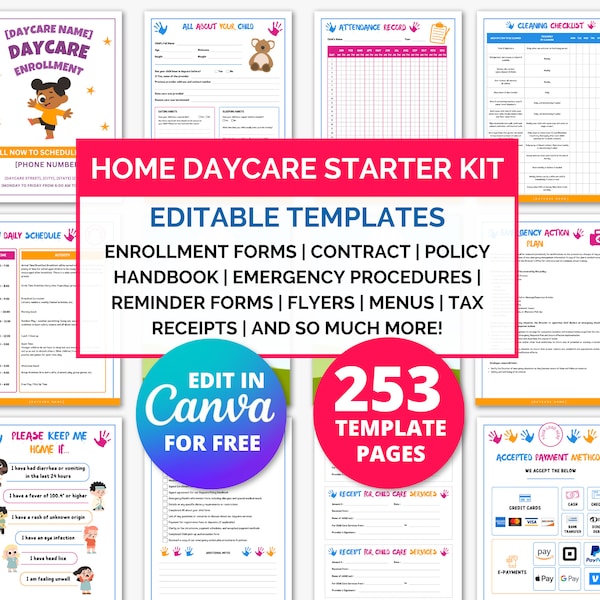 Home Daycare Starter Kit, Home Daycare Forms, Childcare Enrollment Forms, Daycare Contract Template Daycare Paperwork Policies Preschool