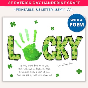 St Patricks Day Handprint Craft, Printable Handprint Art for Kids Toddler Baby, Preschool Daycare Activity Keepsake Gift, Spring Lucky B