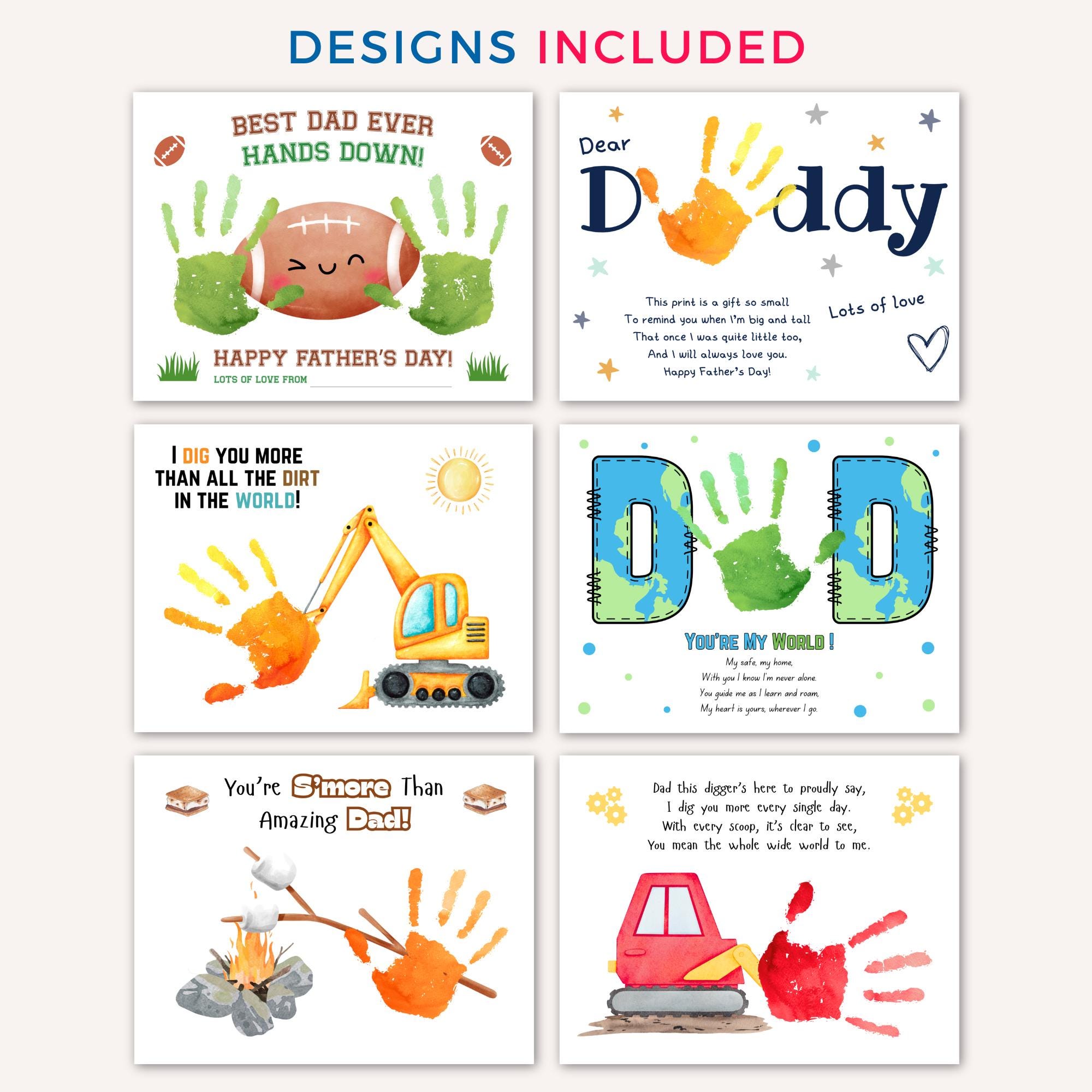 Printable Fathers Day Handprint Art Bundle, Footprint Craft Gift for ...