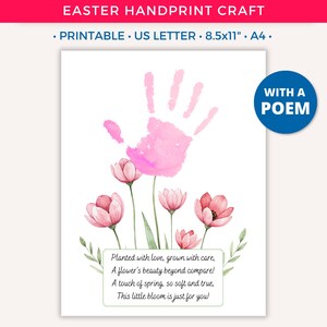 Arte de huellas de manos de Pascua, manualidad imprimible para niños, recuerdo para niños pequeños, actividades divertidas de Pascua, arte de huellas de manos con ramos de flores, poema preescolar C