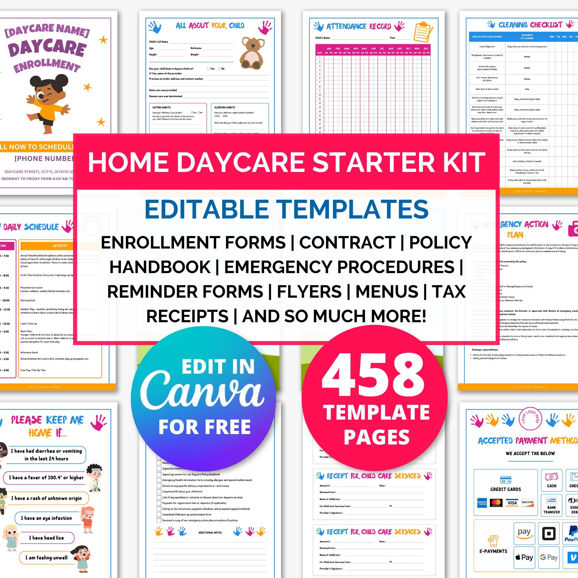 Home Daycare Starter Kit, Home Daycare Forms, Childcare Enrollment Forms, Daycare Contract Template Daycare Paperwork Policies Preschool