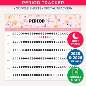 Google Sheets Period Tracker, Moon Cycle Tracker, Menstrual Log Moon Phases Template, Shark Week Planner Daily Monthly Yearly Period Journal